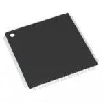 Black square integrated circuit chip with numerous pins along its edges, used in electronic devices for processing data.