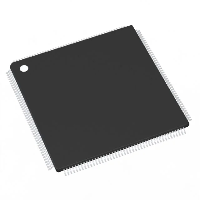 Black square integrated circuit chip with numerous pins along its edges, used in electronic devices for processing data.