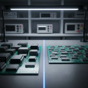 Close-up of circuit boards under a lamp in a tech lab with electronic testing devices in the background.