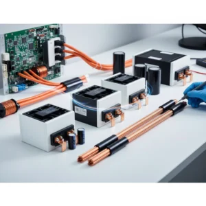 Circuit board with connected copper wires, capacitors, and electronic components in a lab setting.