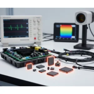 Image of a circuit board with electronic chips on a lab desk with testing equipment in the background.