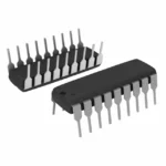 Two dual inline package chips with multiple metal pins, used for integrated circuits in electronics.