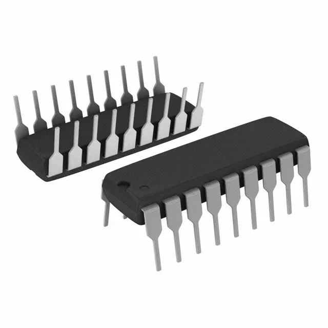 Two dual inline package chips with multiple metal pins, used for integrated circuits in electronics.