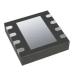 Black rectangular electronic microchip with pins on sides, used in electronic devices and circuits.