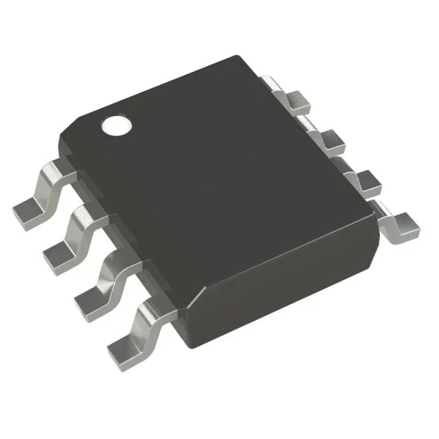 An 8-pin integrated circuit chip with a black body and silver legs, essential for diverse electronic functions.
