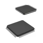 Two black integrated circuit microchips with many pins, suitable for technology and computing devices.