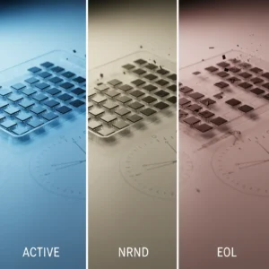 Lifecycle stages of electronic components: Active, NRND, EOL, shown with a tray of chips against a faded clock background.