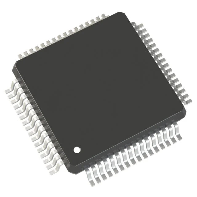 Microchip integrated circuit with black rectangular body and metal pins, placed on a white background.