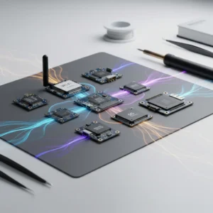 Close-up of a modern circuit board with various microchips and a 5G module, surrounded by electronical tools, emphasizing connectivity.
