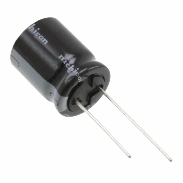 Black Nichicon electrolytic capacitor with metal leads, used in electronic circuits for energy storage or filtering.