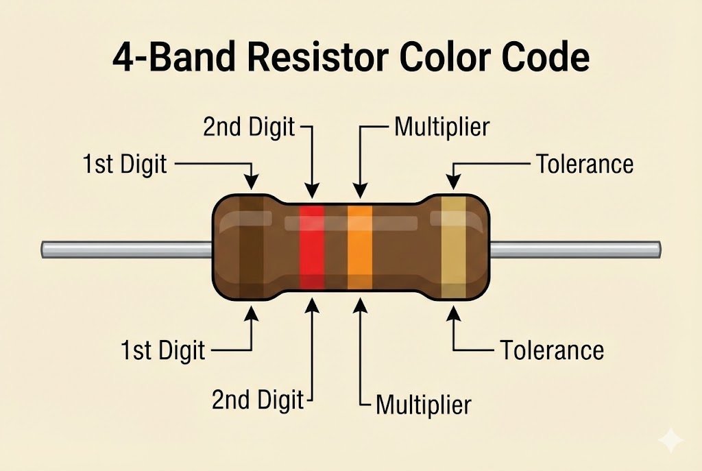 An illustration of a 4-band resistor with each band labeled.