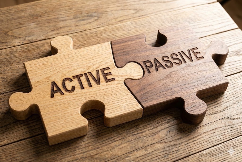 Two puzzle pieces, one labeled 'Active' and one 'Passive', fitting together