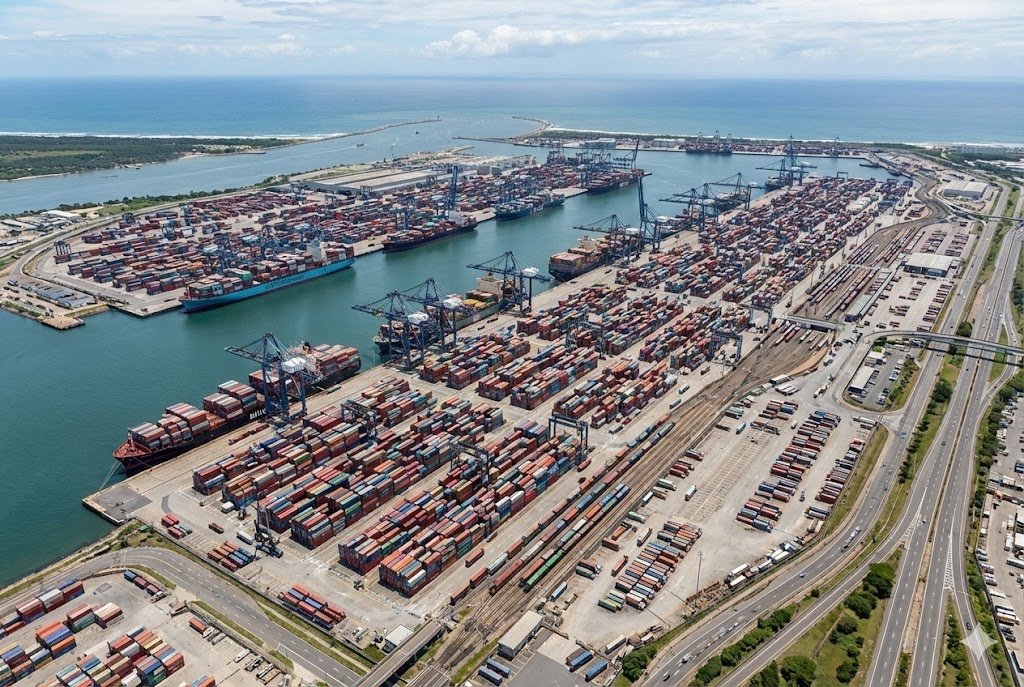 Aerial view of a massive container port