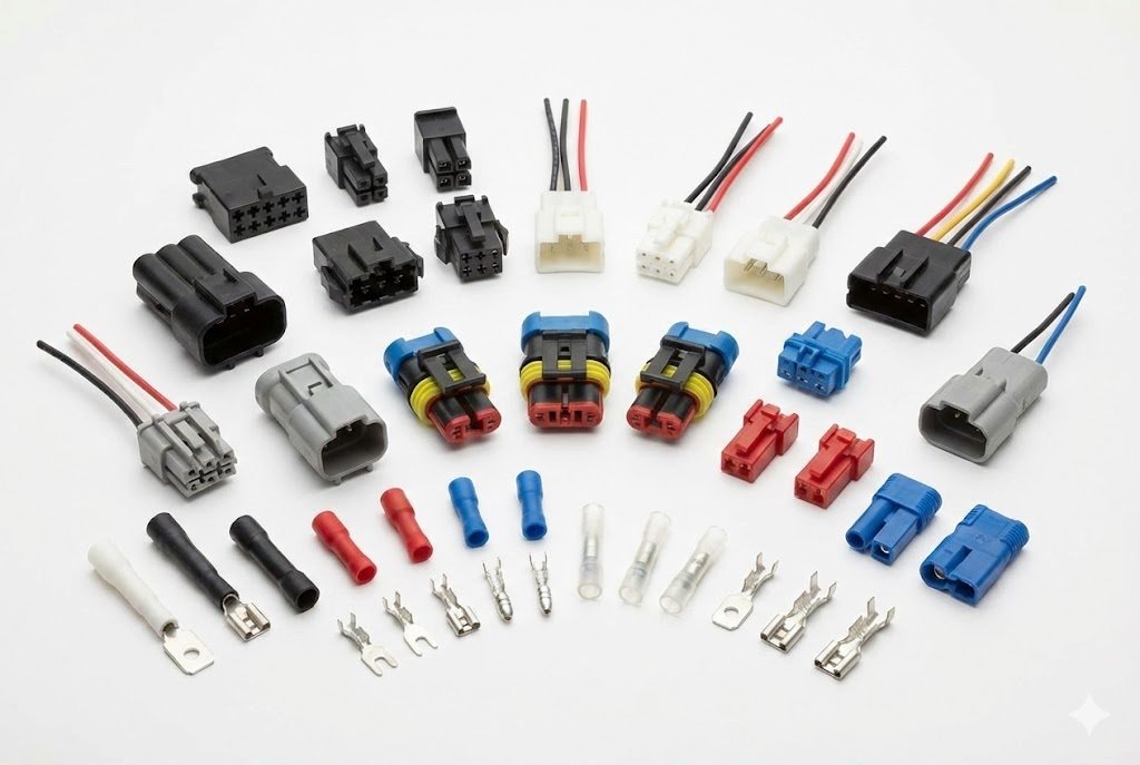 An assortment of different automotive electrical connectors types on a clean background