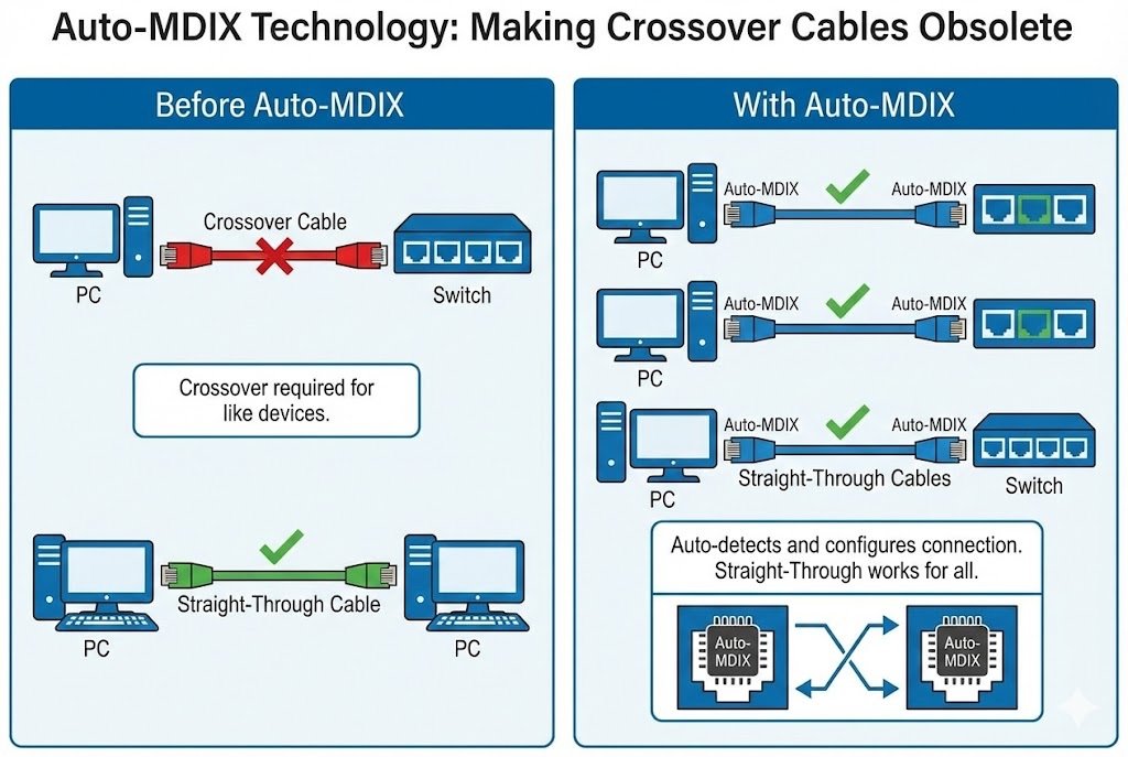 A diagram showing Auto-MDIX technology making crossover cables obsolete