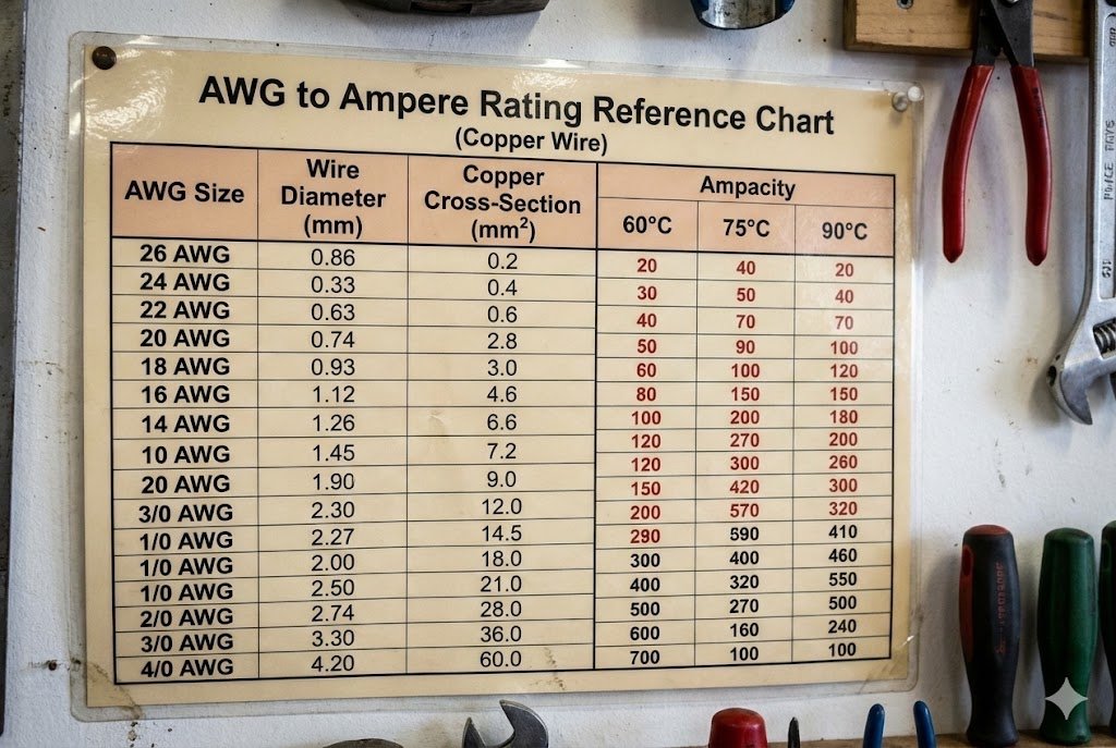 A detailed AWG to Ampere rating chart