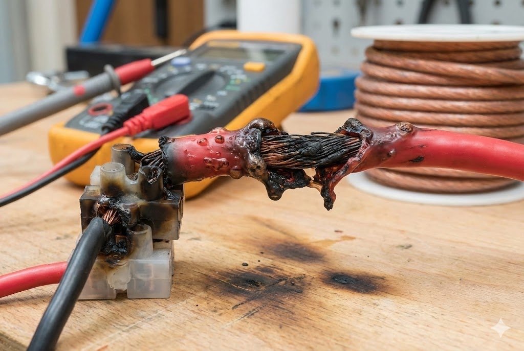 A melted and burnt wire due to incorrect AWG selection