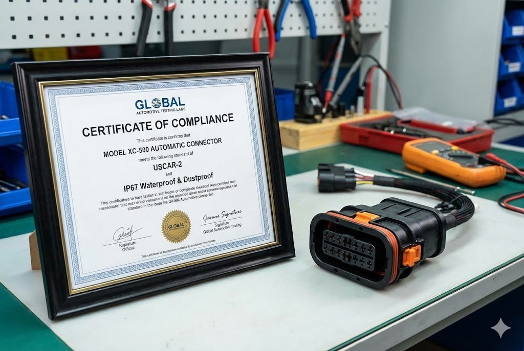 A certificate of compliance with USCAR and IP67 standards next to an automatic connector