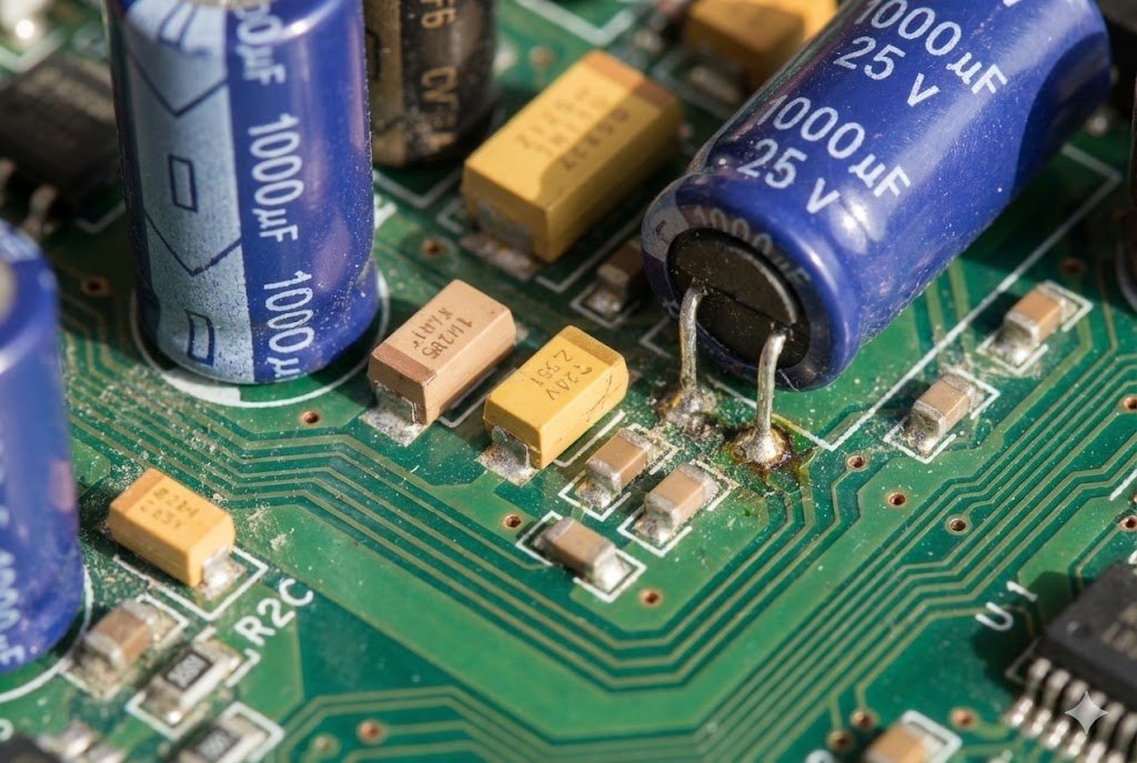 A close-up of capacitors on a circuit board