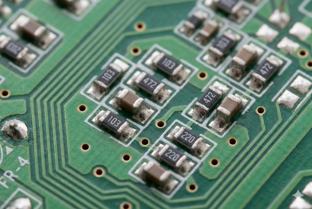 A close-up of resistors on a circuit board