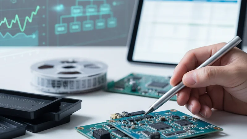 Cleanroom with electronic manufacturing equipment and organized shelves filled with components in a high-tech facility.