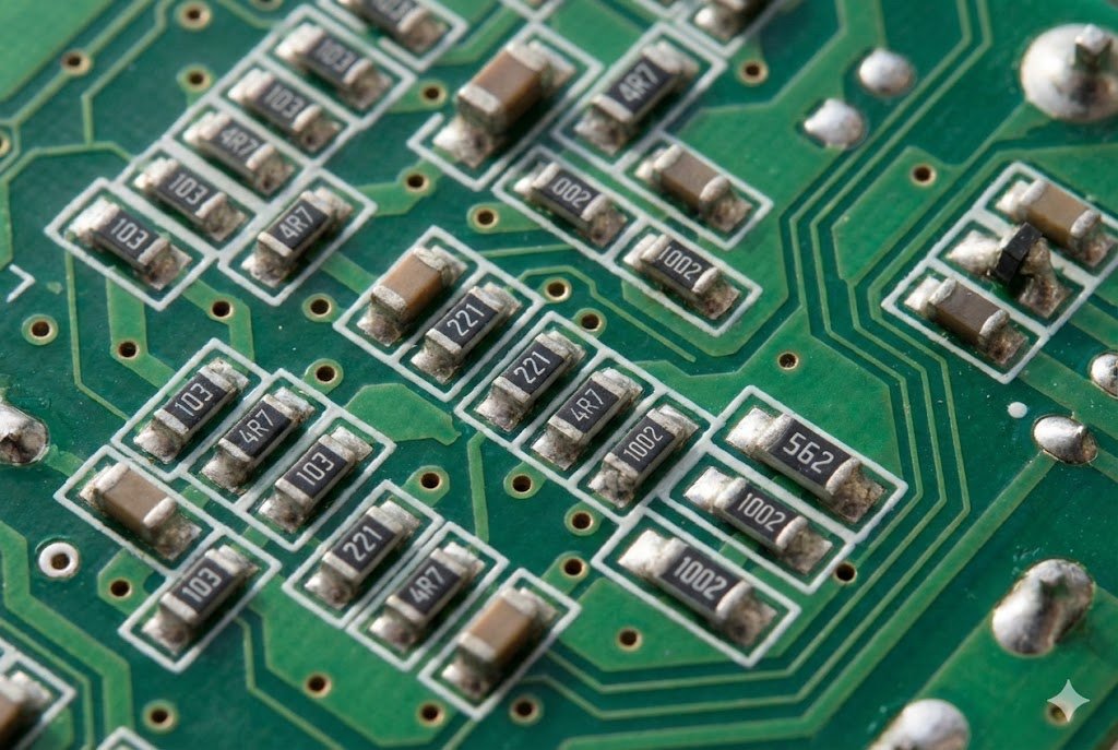 A macro shot of a PCB showing several SMD resistors with numerical codes.