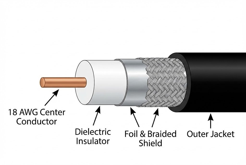 A cross-section of an RG coaxial cable showing the AWG center conductor