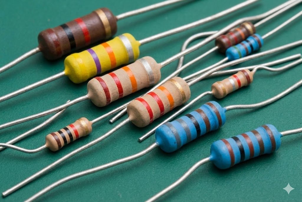 A close-up of various through-hole resistors with different color bands.