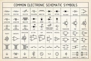 A chart displaying common electronic schematic symbols used in circuitry and electrical diagrams.