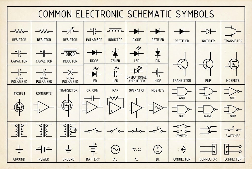 A collection of common electronic schematic symbols