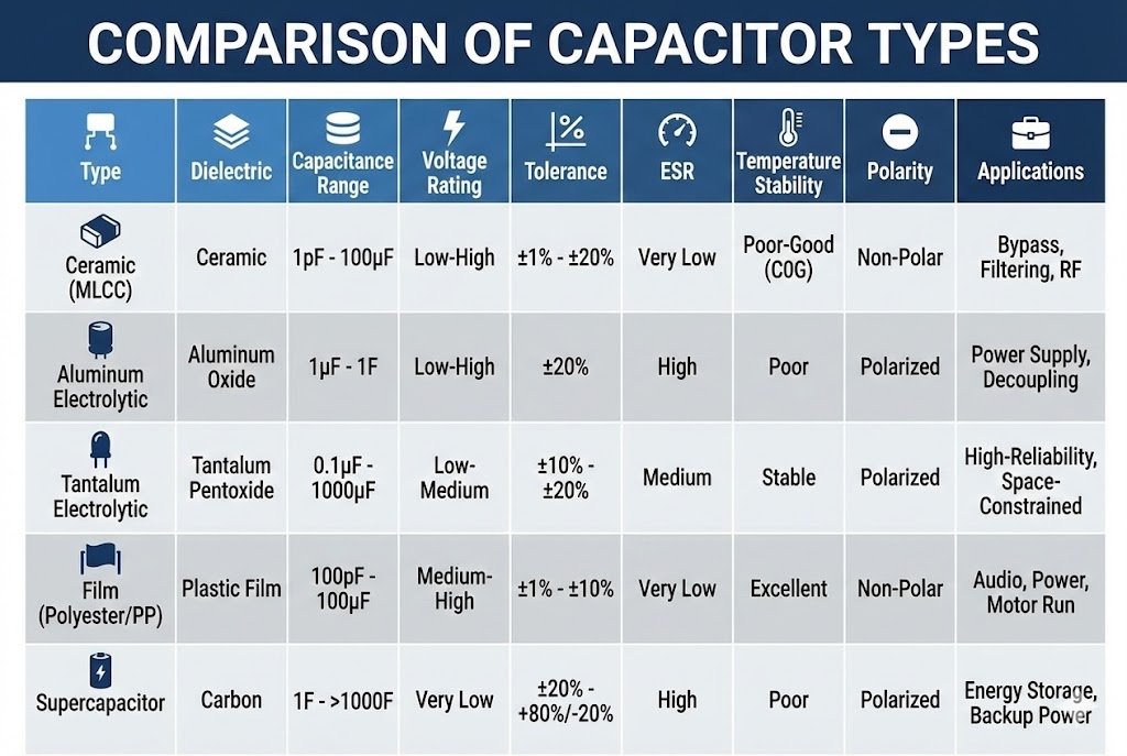 Capacitor Comparison Chart alt text: A chart comparing features of different capacitor types