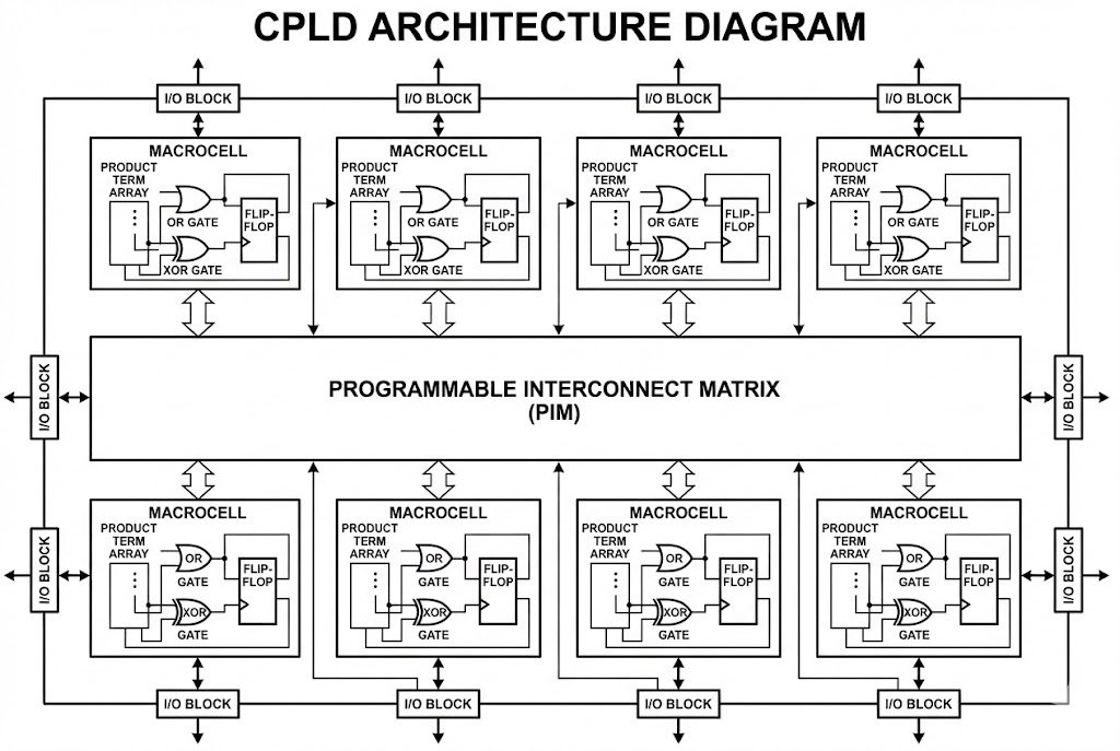 CPLD Architecture Diagram Diagram showing the architecture of a CPLD with macrocells and a programmable interconnect.