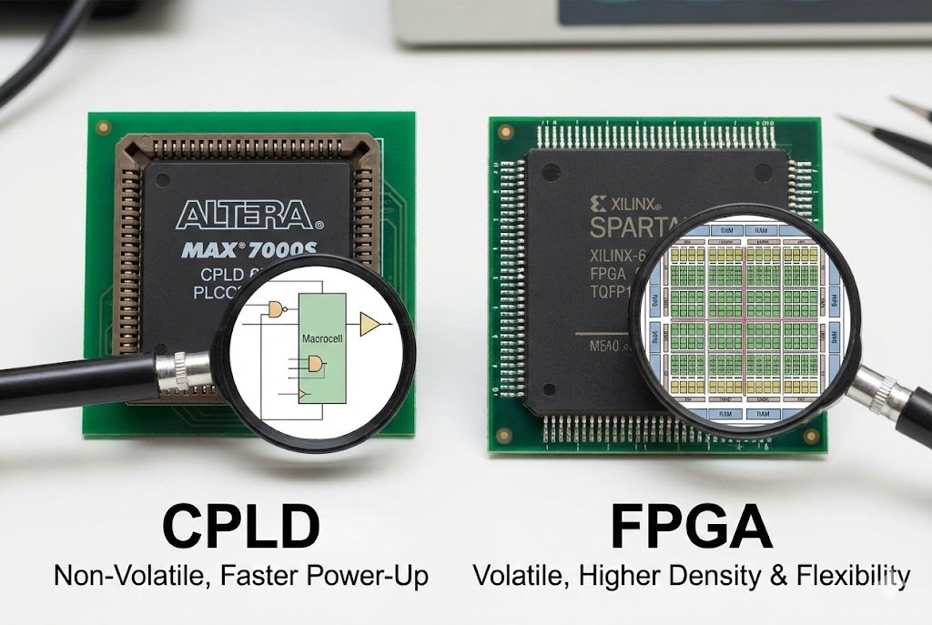 FPGA vs CPLD Comparison A side-by-side comparison of a CPLD and an FPGA chip.