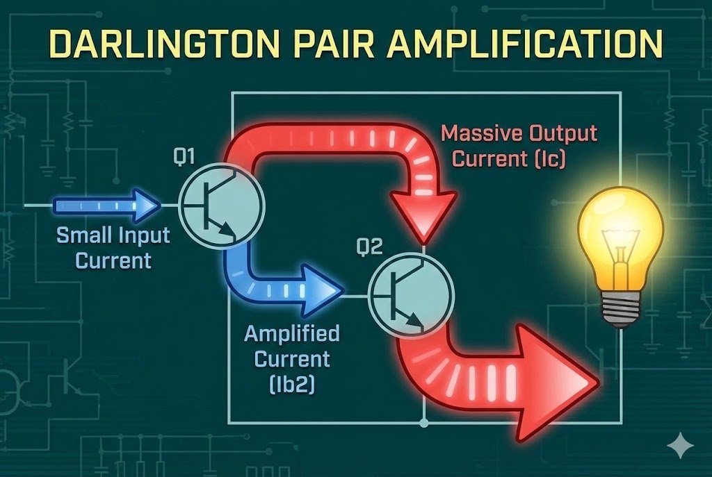 Darlington Pair Current Amplification An animated graphic showing current flow and amplification in a Darlington Pair