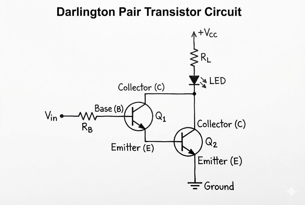 Darlington Pair Circuit Diagram A circuit diagram showing how a Darlington Pair Transistor works