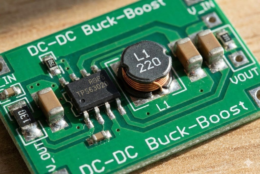 A close-up of a buck-boost converter on a printed circuit board (PCB).