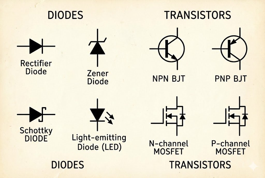 Symbols for diodes and transistors