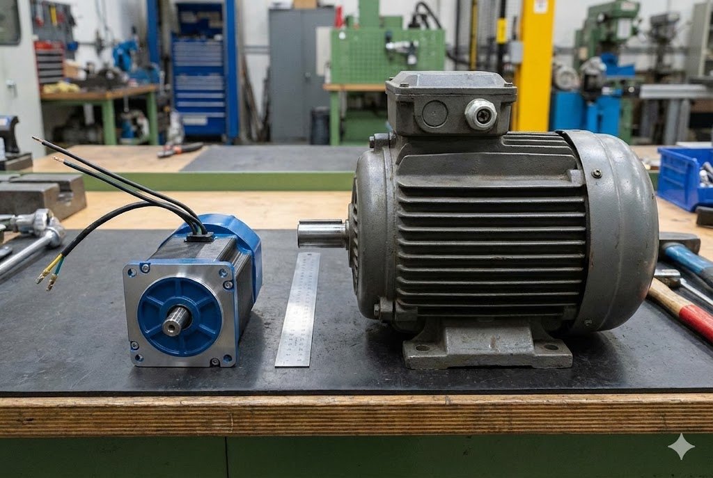BLDC Motor vs AC Induction Motor BLDC motor next to an AC induction motor for size comparison
