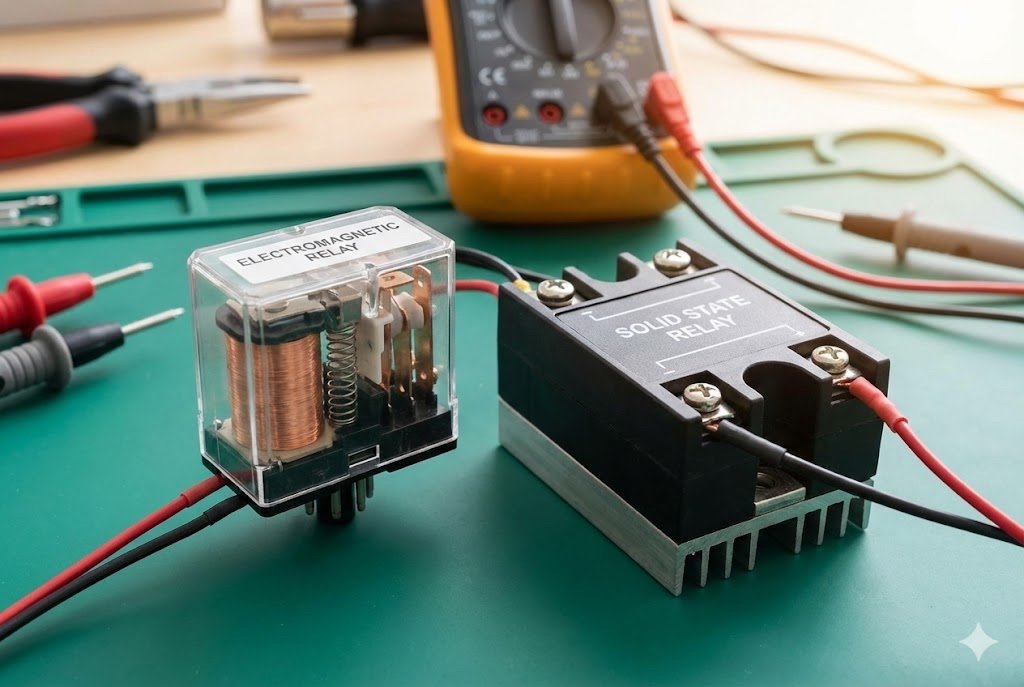 Electromagnetic Relay vs. Solid State Relay Electromagnetic relay and solid state relay side by side