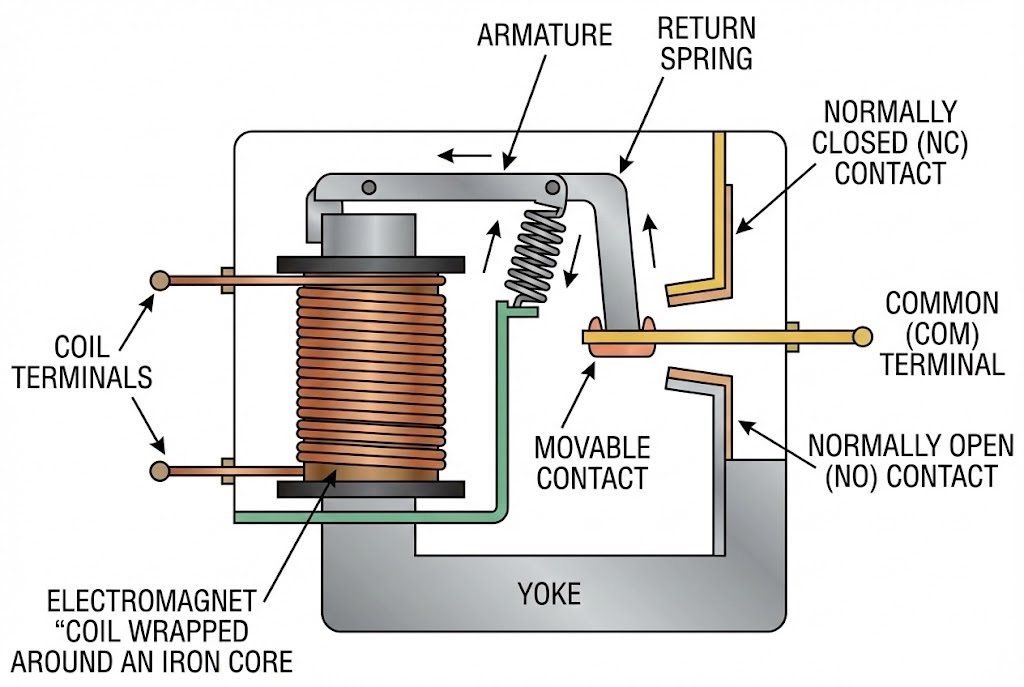 How an Electromagnetic Relay Works Diagram showing the internal parts of an electromagnetic relay