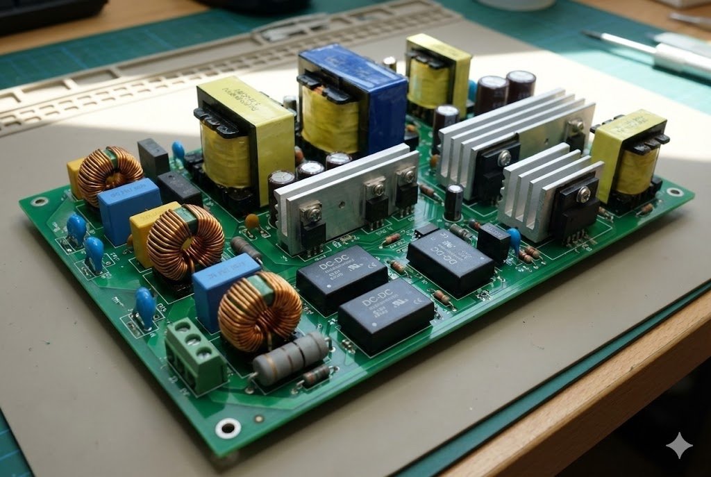A circuit board showing various power management components like transformers, inverters, and converters.