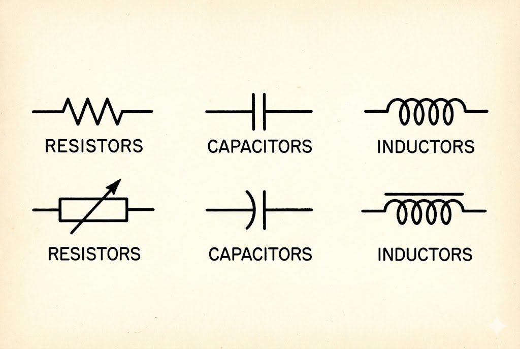 Symbols for resistors, capacitors, and inductors