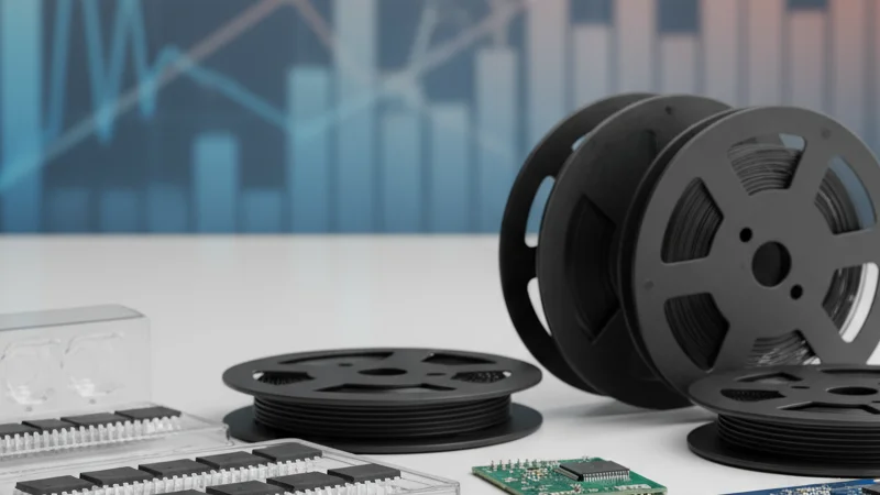 Lab setup with a gloved hand holding a microchip next to a microscope, surrounded by various microchip components.