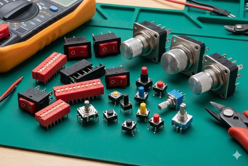An assortment of industrial DIP, tactile, and rotary switches