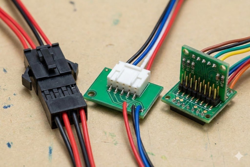 Close-up of wire-to-wire, wire-to-board, and board-to-board automatic connectors