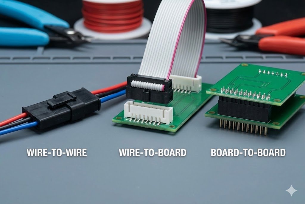 Examples of wire-to-wire, wire-to-board, and board-to-board connectors. alt with keywords