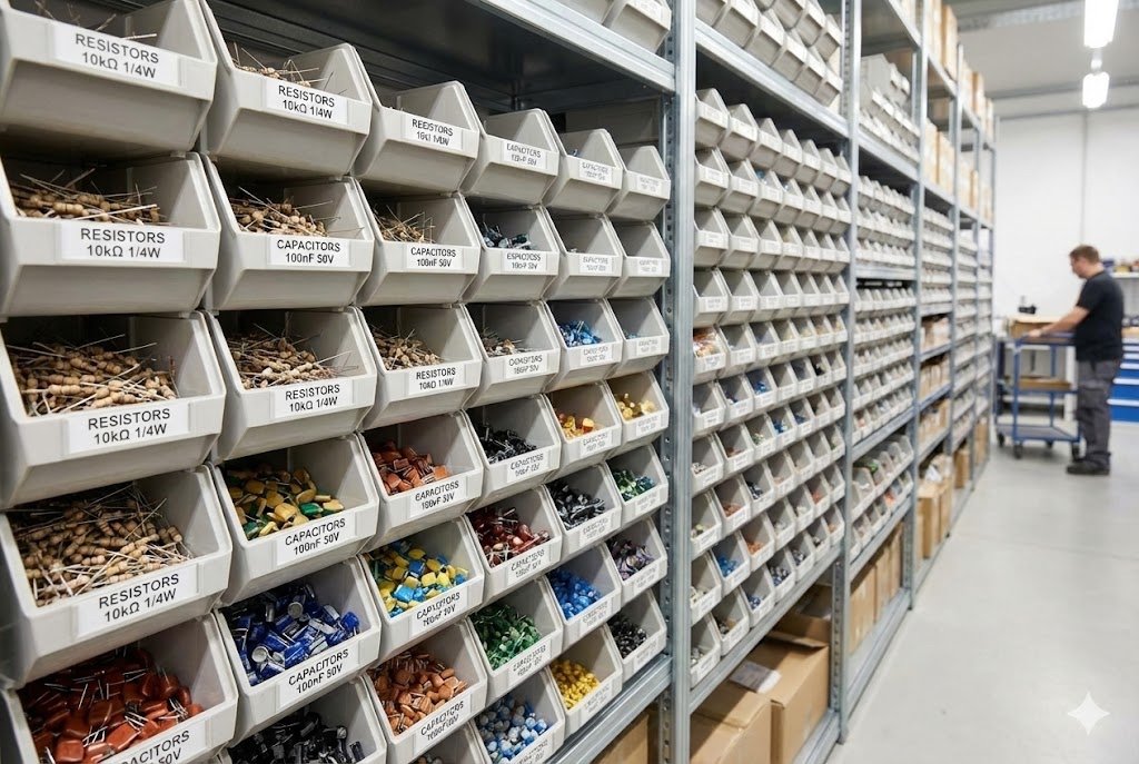 Bins filled with thousands of tiny passive components like resistors and capacitors