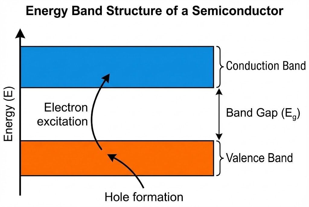 A diagram showing the energy band structure of a semiconductor, with valence and conduction bands.