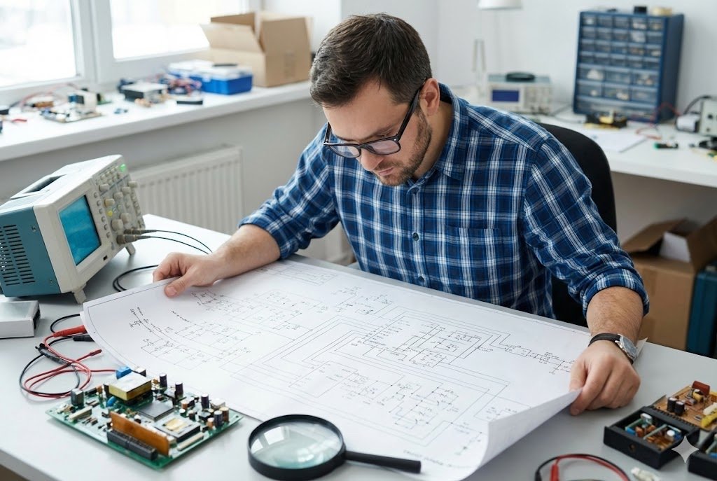 An engineer looking at a complex circuit diagram