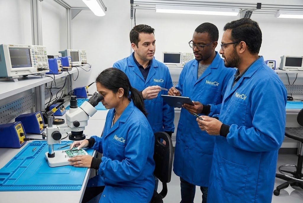 NexCir team inspecting components in a lab